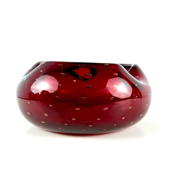 Vintage MCM Ruby Red Ashtray Glass Ashtray Controlled Bubble Freeform Hand Blown - Picture 2 of 12